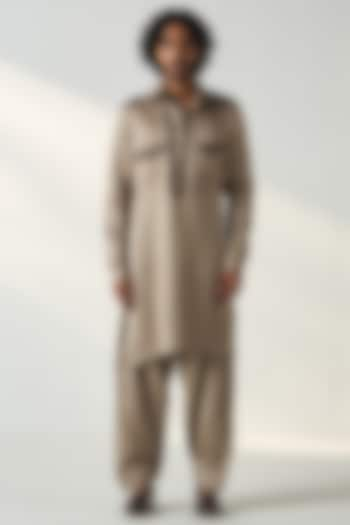 Grey Linen Satin Dori Embroidered Pathani Kurta Set by Studio Bagechaa Men