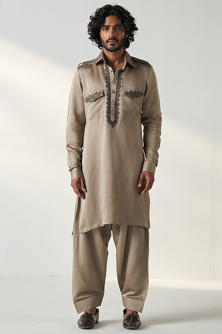 Grey Linen Satin Dori Embroidered Pathani Kurta Set by Studio Bagechaa Men