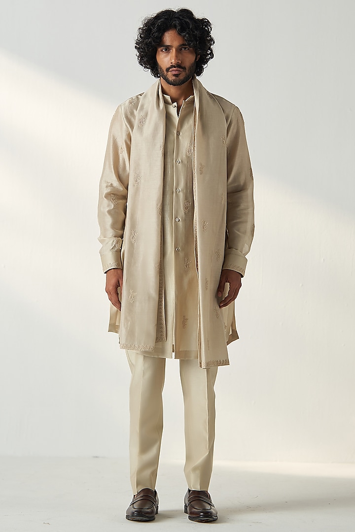 Light Beige Chanderi Silk Dori Embroidered Kurta Set by Studio Bagechaa Men