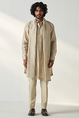 Light Beige Chanderi Silk Dori Embroidered Kurta Set by Studio Bagechaa Men