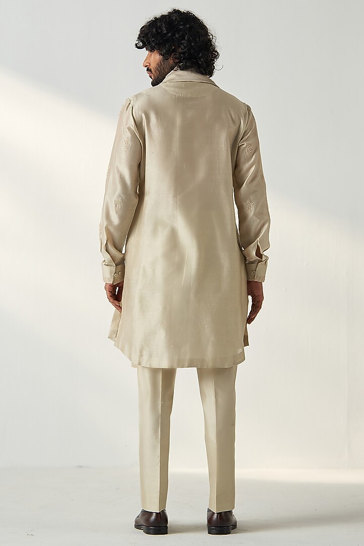Light Beige Chanderi Silk Dori Embroidered Kurta Set by Studio Bagechaa Men at Pernia's Pop Up Shop
