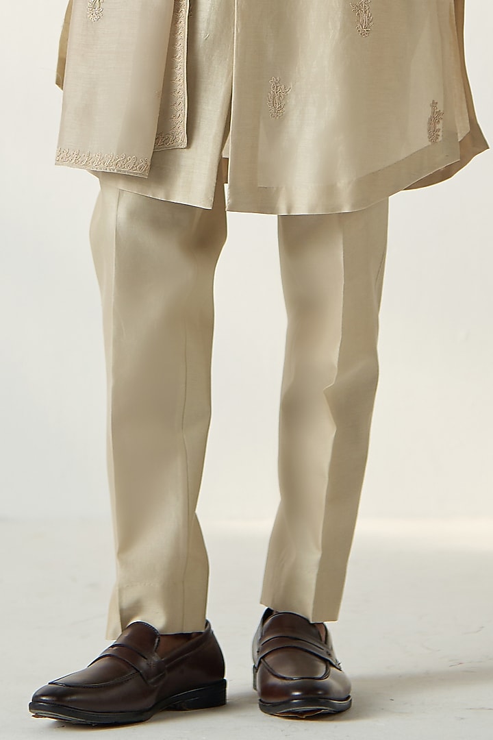 Light Beige Chanderi Silk Dori Embroidered Kurta Set by Studio Bagechaa Men at Pernia's Pop Up Shop