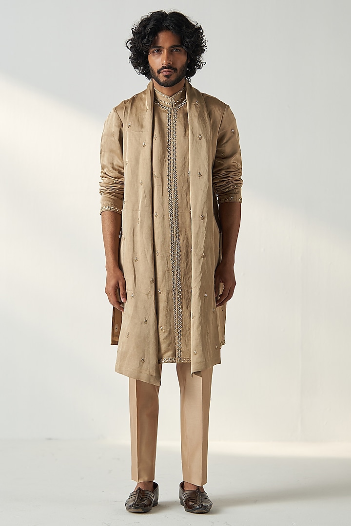 Khaki Gold Chanderi Silk Dori & Mirror Embroidered Kurta Set by Studio Bagechaa Men