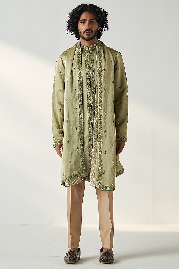 Green Chanderi Silk Dori & Mirror Embroidered Kurta Set by Studio Bagechaa Men