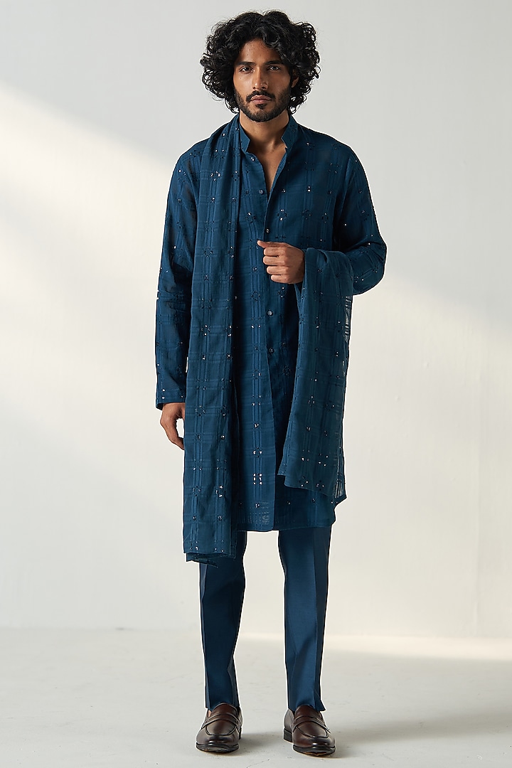 Teal Blue Chanderi Silk Dori & Mirror Embroidered Kurta Set by Studio Bagechaa Men