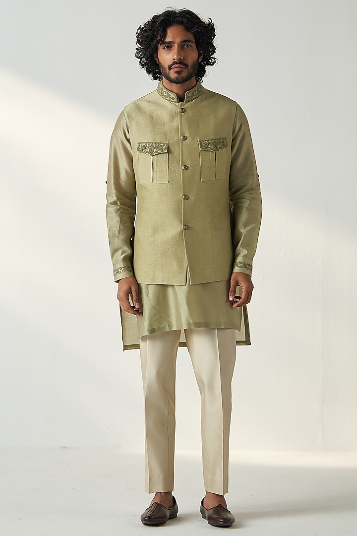 Green Linen Satin Dori Embroidered Bundi Jacket Set by Studio Bagechaa Men