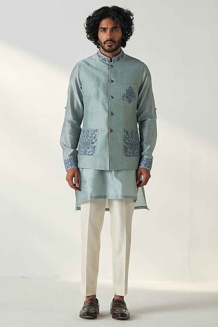 Grey Linen Satin Dori Embroidered Bundi Jacket Set by Studio Bagechaa Men