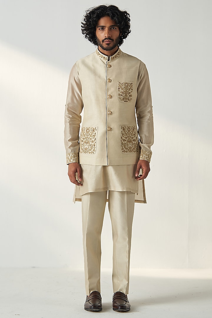 Gold Linen Satin Dori Embroidered Bundi Jacket Set by Studio Bagechaa Men