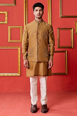 Brown Chanderi Linen Satin Floral Embroidered Bundi Jacket Set by Studio Bagechaa Men