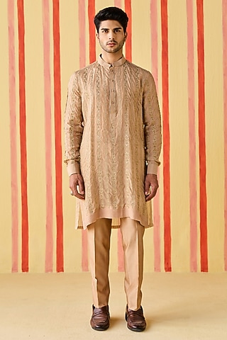 Brown Organza & Organza Tissue Stripe Embroidered Kurta Set by Studio Bagechaa Men