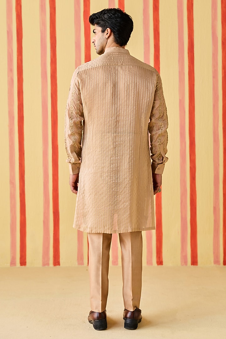 Brown Organza & Organza Tissue Stripe Embroidered Kurta Set by Studio Bagechaa Men at Pernia's Pop Up Shop
