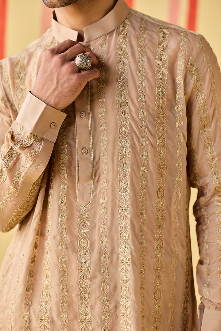 Brown Organza & Organza Tissue Stripe Embroidered Kurta Set by Studio Bagechaa Men at Pernia's Pop Up Shop