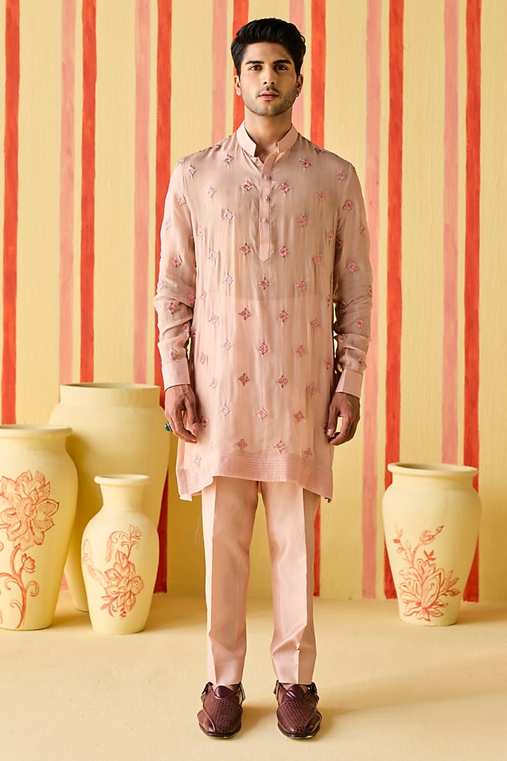 Pink Organza & Organza Tissue Stripe Embroidered Kurta Set by Studio Bagechaa Men at Pernia's Pop Up Shop