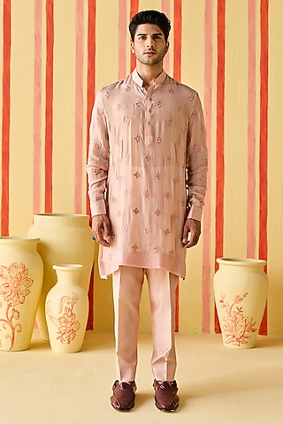 Pink Organza & Organza Tissue Stripe Embroidered Kurta Set by Studio Bagechaa Men