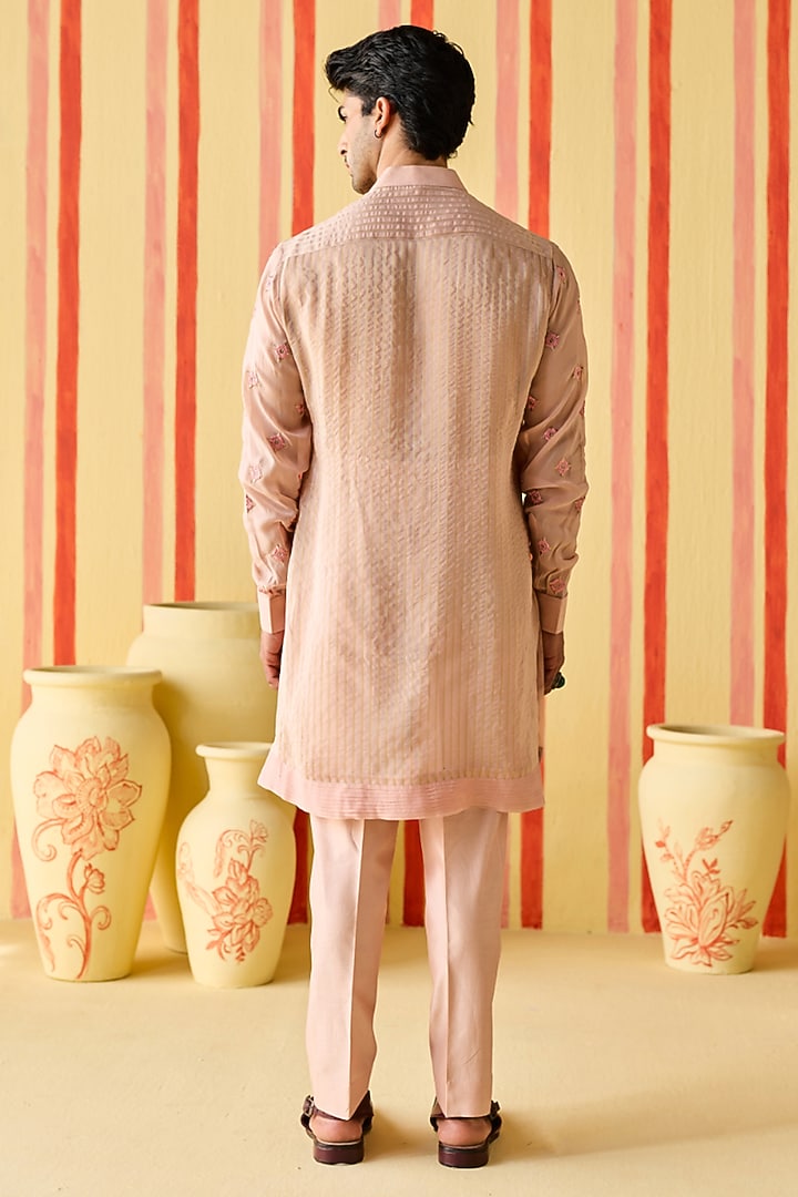 Pink Organza & Organza Tissue Stripe Embroidered Kurta Set by Studio Bagechaa Men at Pernia's Pop Up Shop