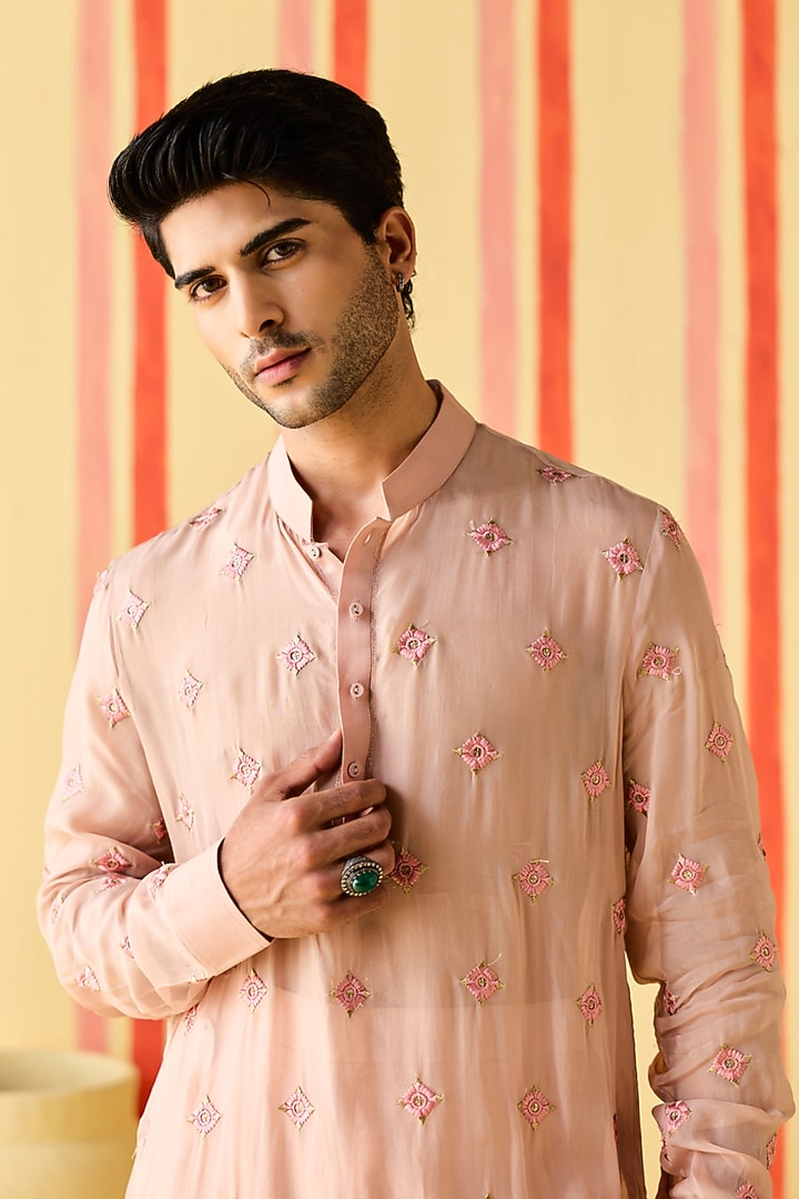 Pink Organza & Organza Tissue Stripe Embroidered Kurta Set by Studio Bagechaa Men at Pernia's Pop Up Shop