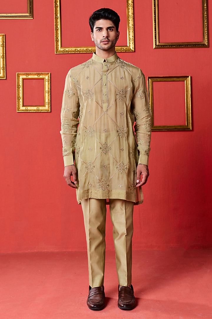 Green Organza & Organza Tissue Stripe Embroidered Kurta Set by Studio Bagechaa Men at Pernia's Pop Up Shop