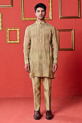 Green Organza & Organza Tissue Stripe Embroidered Kurta Set by Studio Bagechaa Men