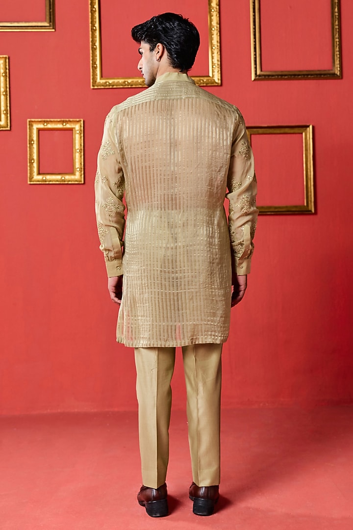 Green Organza & Organza Tissue Stripe Embroidered Kurta Set by Studio Bagechaa Men at Pernia's Pop Up Shop