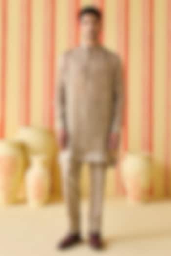 Brown-Green Organza & Organza Tissue Stripe Embroidered Kurta Set by Studio Bagechaa Men at Pernia's Pop Up Shop