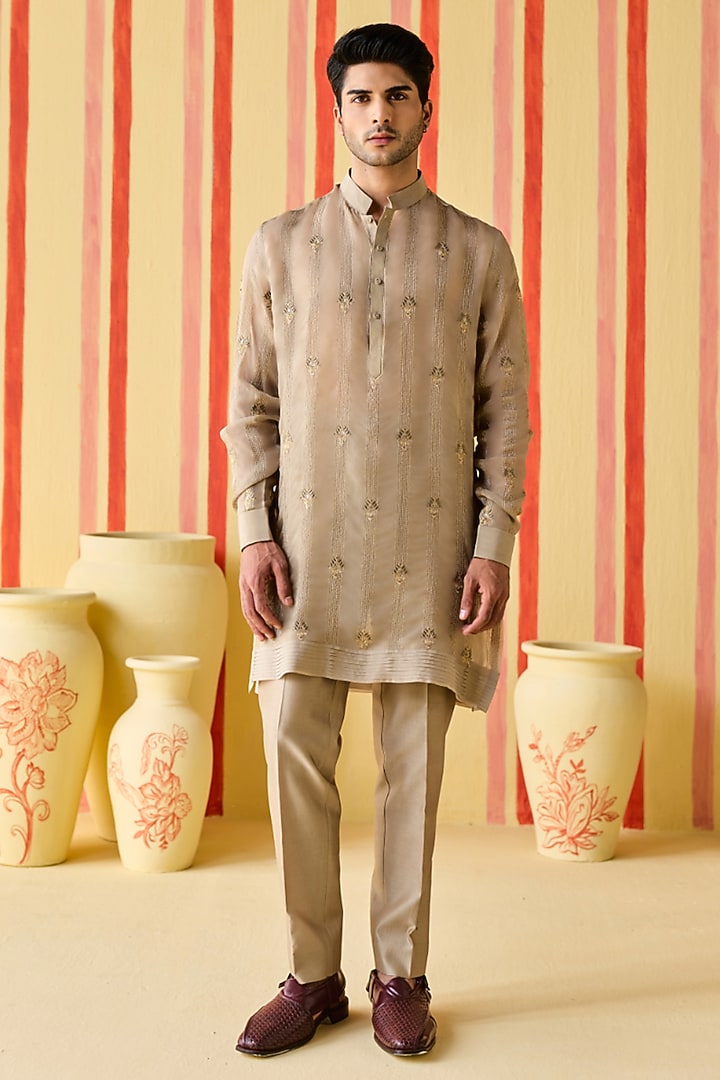 Brown-Green Organza & Organza Tissue Stripe Embroidered Kurta Set by Studio Bagechaa Men at Pernia's Pop Up Shop