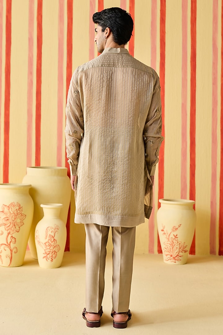 Brown-Green Organza & Organza Tissue Stripe Embroidered Kurta Set by Studio Bagechaa Men at Pernia's Pop Up Shop