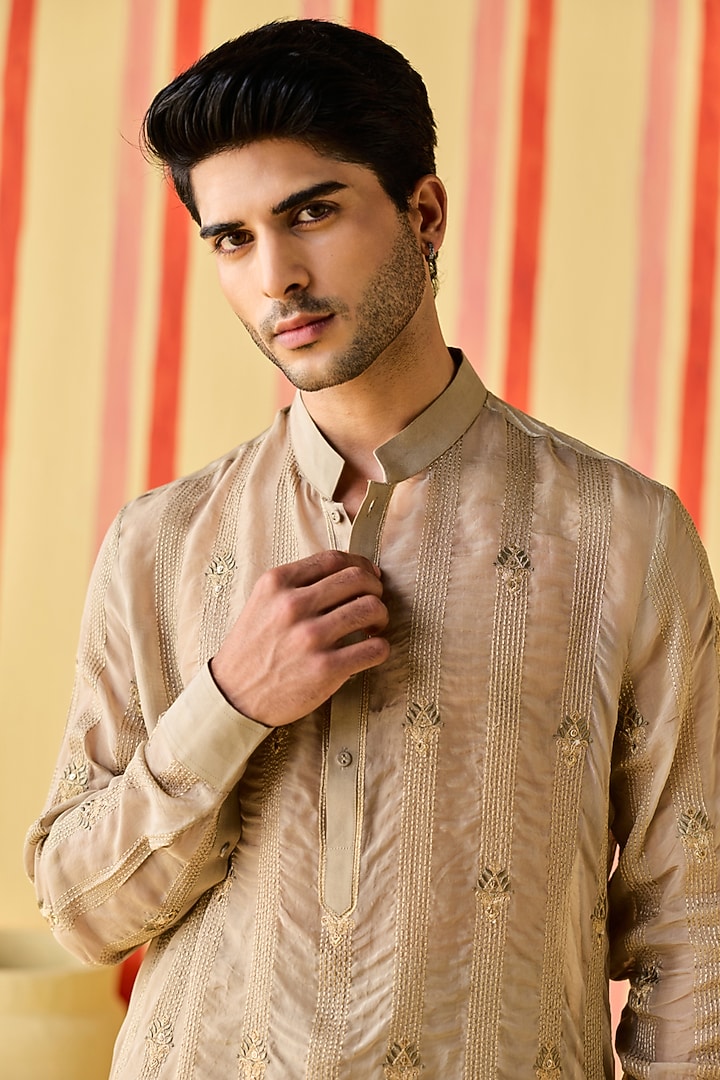 Brown-Green Organza & Organza Tissue Stripe Embroidered Kurta Set by Studio Bagechaa Men at Pernia's Pop Up Shop