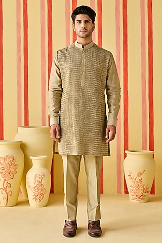 Brown-Green Chanderi Pintuck Kurta Set by Studio Bagechaa Men