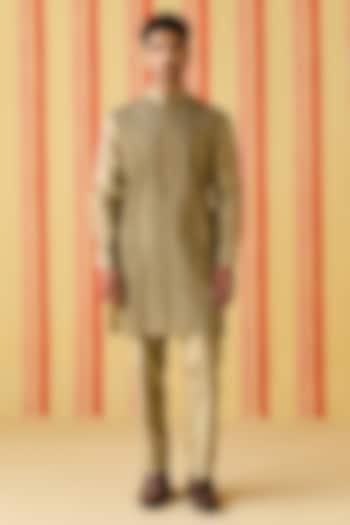 Brown-Green Chanderi Dori Work & Pintuck Kurta Set by Studio Bagechaa Men at Pernia's Pop Up Shop