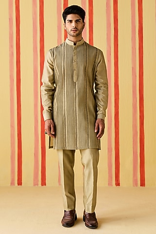 Brown-Green Chanderi Dori Work & Pintuck Kurta Set by Studio Bagechaa Men