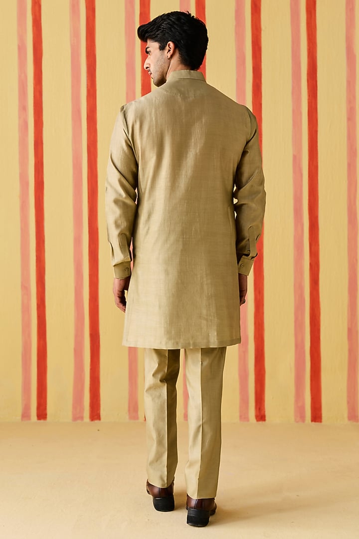Brown-Green Chanderi Dori Work & Pintuck Kurta Set by Studio Bagechaa Men at Pernia's Pop Up Shop