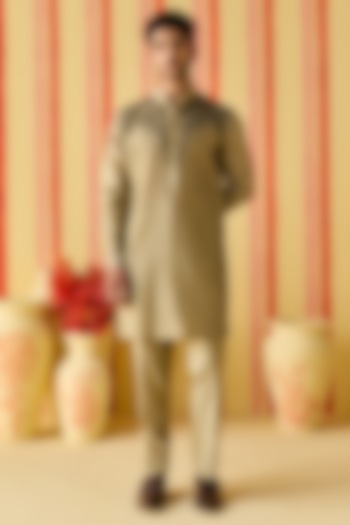Brown-Green Chanderi Machine Embroidered & Pintuck Kurta Set by Studio Bagechaa Men at Pernia's Pop Up Shop