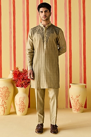 Brown-Green Chanderi Machine Embroidered & Pintuck Kurta Set by Studio Bagechaa Men