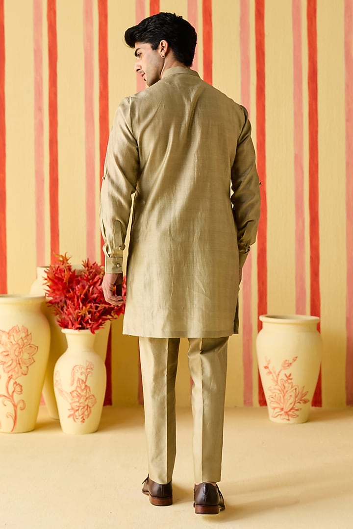 Brown-Green Chanderi Machine Embroidered & Pintuck Kurta Set by Studio Bagechaa Men at Pernia's Pop Up Shop