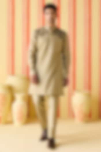Brown-Green Chanderi Machine Embroidered & Pintuck Kurta Set by Studio Bagechaa Men at Pernia's Pop Up Shop