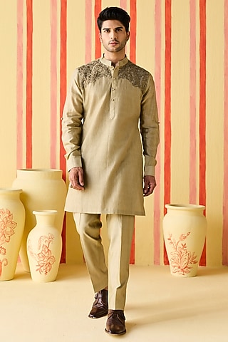 Brown-Green Chanderi Machine Embroidered & Pintuck Kurta Set by Studio Bagechaa Men