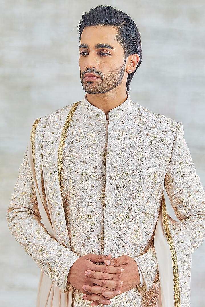 Elegant Nude Pink Raw Silk Sequins Work Groom Sherwani Set by Studio Bagechaa Men at Pernia's Pop Up Shop