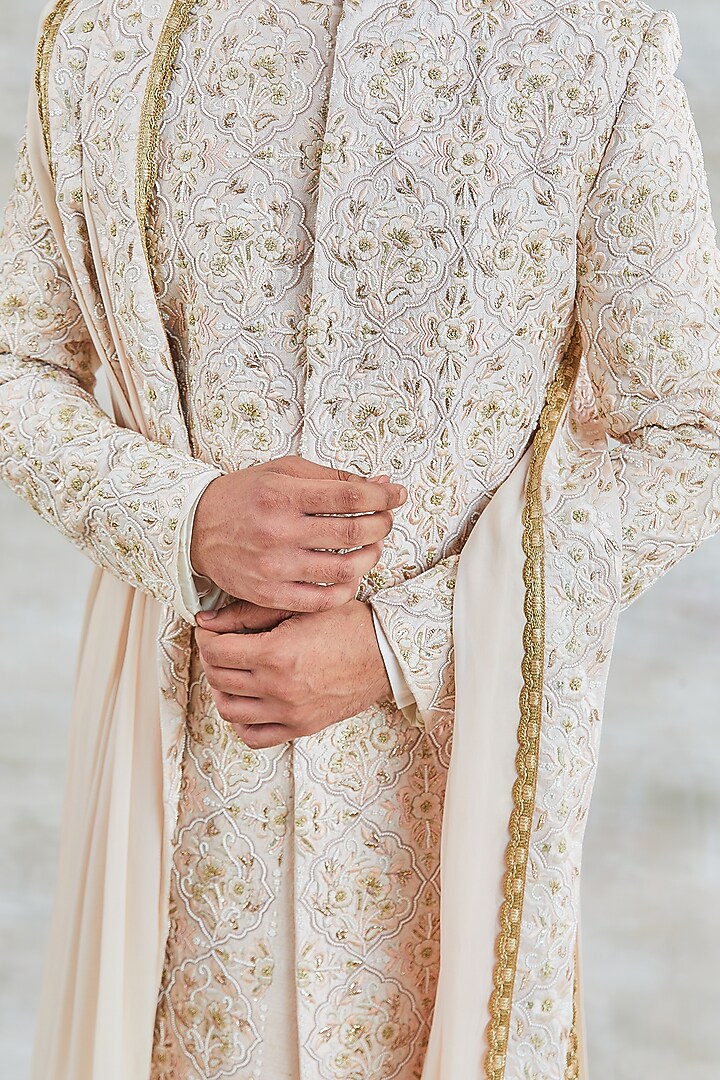 Elegant Nude Pink Raw Silk Sequins Work Groom Sherwani Set by Studio Bagechaa Men at Pernia's Pop Up Shop