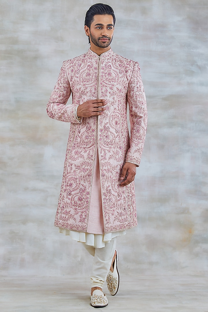 Majestic Pink Raw Silk Resham Embroidered Sherwani Set by Studio Bagechaa Men