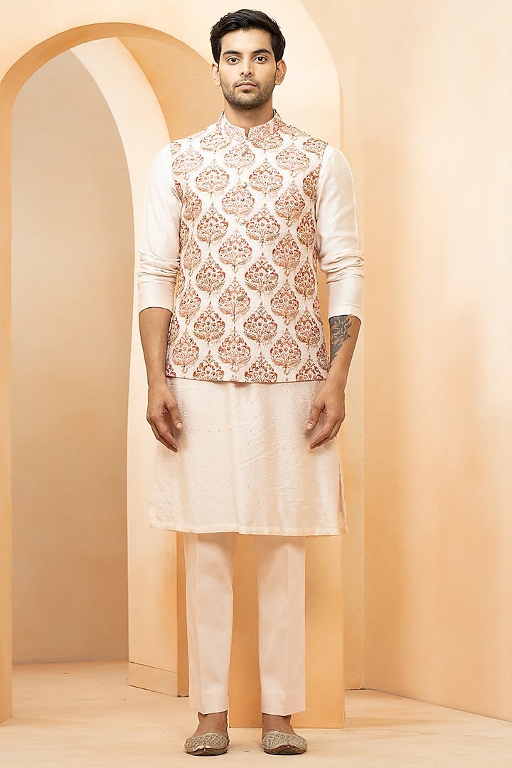 Ashar Chanderi & Fine Silk Printed Nehru Jacket Set by Studio Bagechaa Men