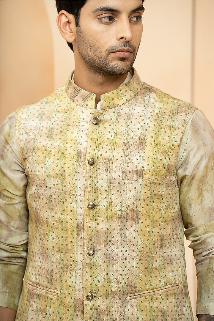 Muneer Chanderi & Fine Silk Printed Nehru Jacket Set by Studio Bagechaa Men at Pernia's Pop Up Shop