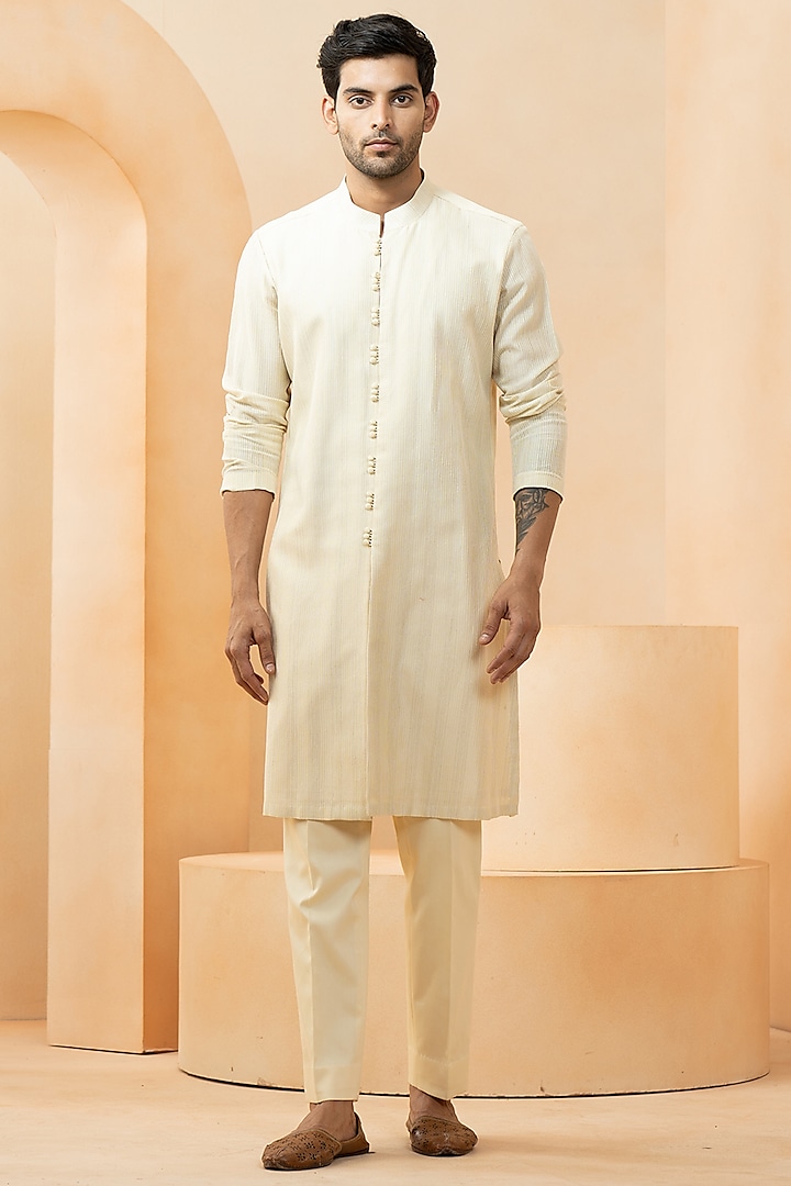 Patel Yellow Shams Chanderi Kurta Set by Studio Bagechaa Men