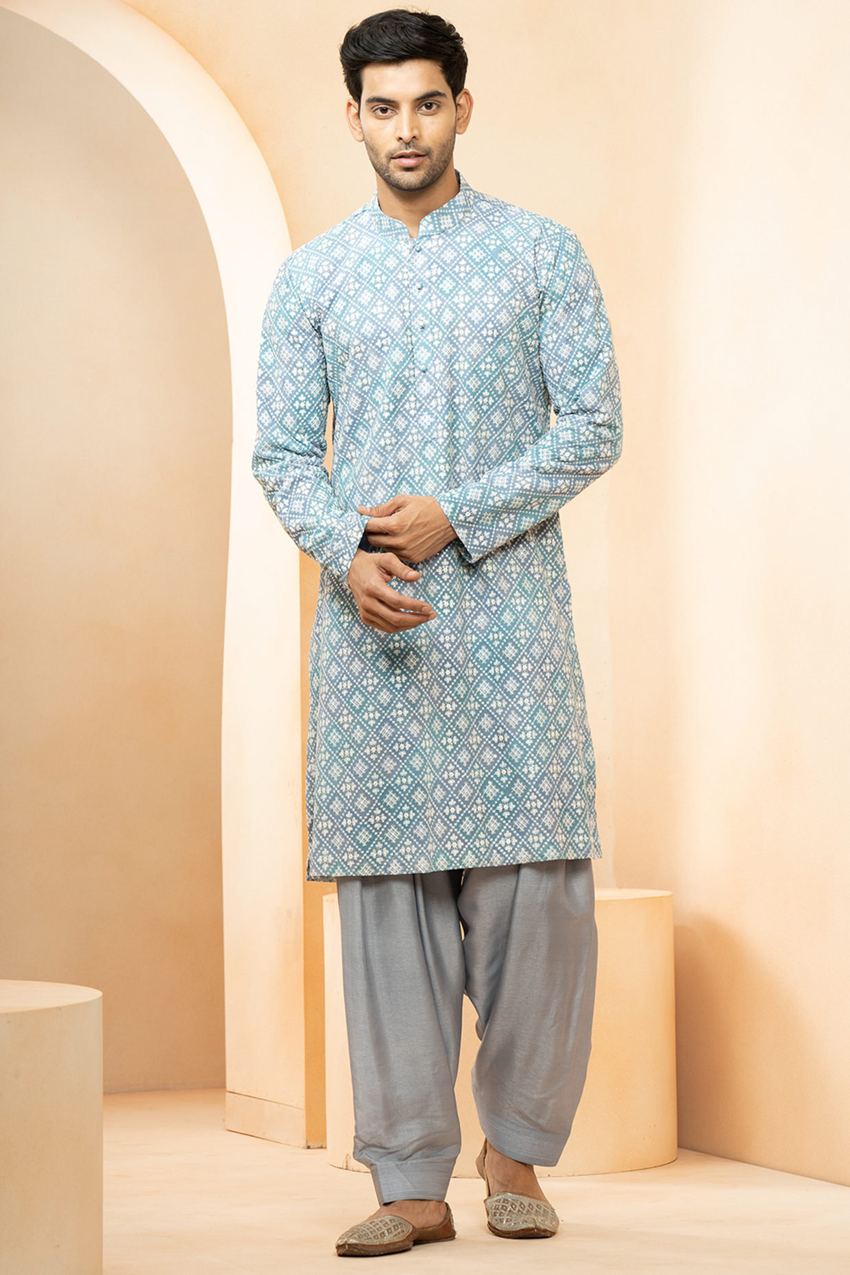 Sky Blue Georgette Digital Printed Kurta Set by Studio Bagechaa Men at Pernia's Pop Up Shop
