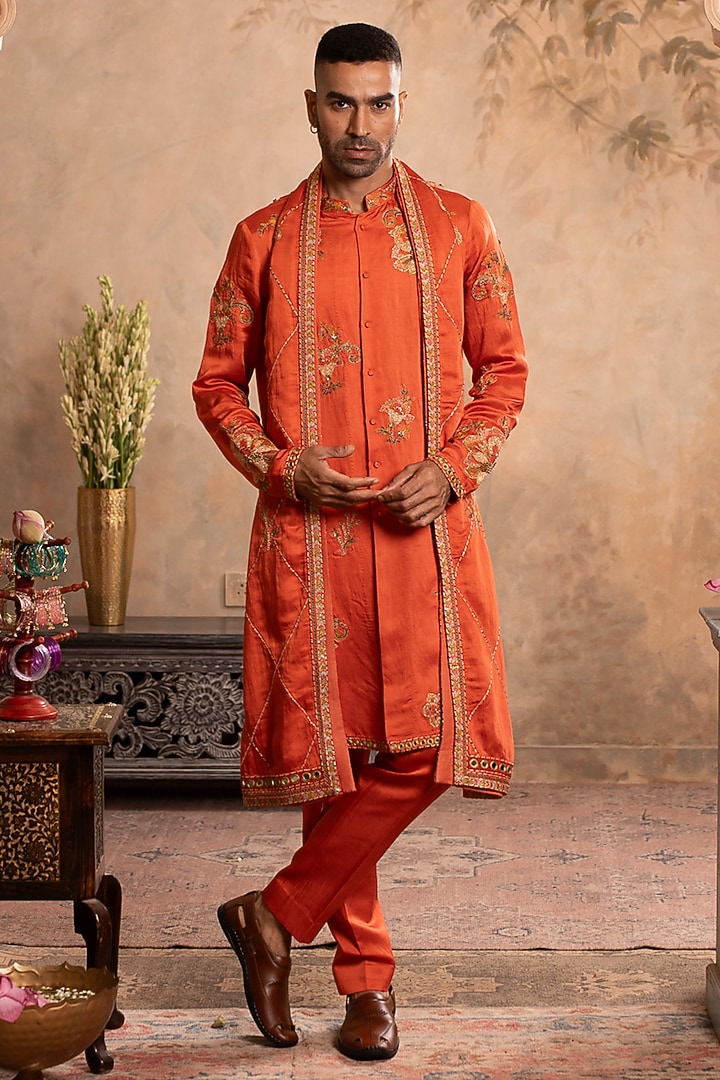 Peach Orange Linen Satin Dori Embroidered Kurta Set by Studio Bagechaa Men at Pernia's Pop Up Shop
