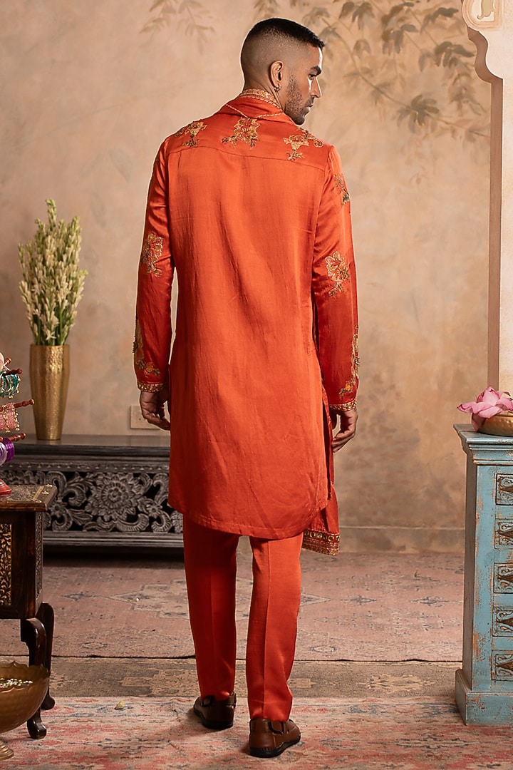 Peach Orange Linen Satin Dori Embroidered Kurta Set by Studio Bagechaa Men at Pernia's Pop Up Shop