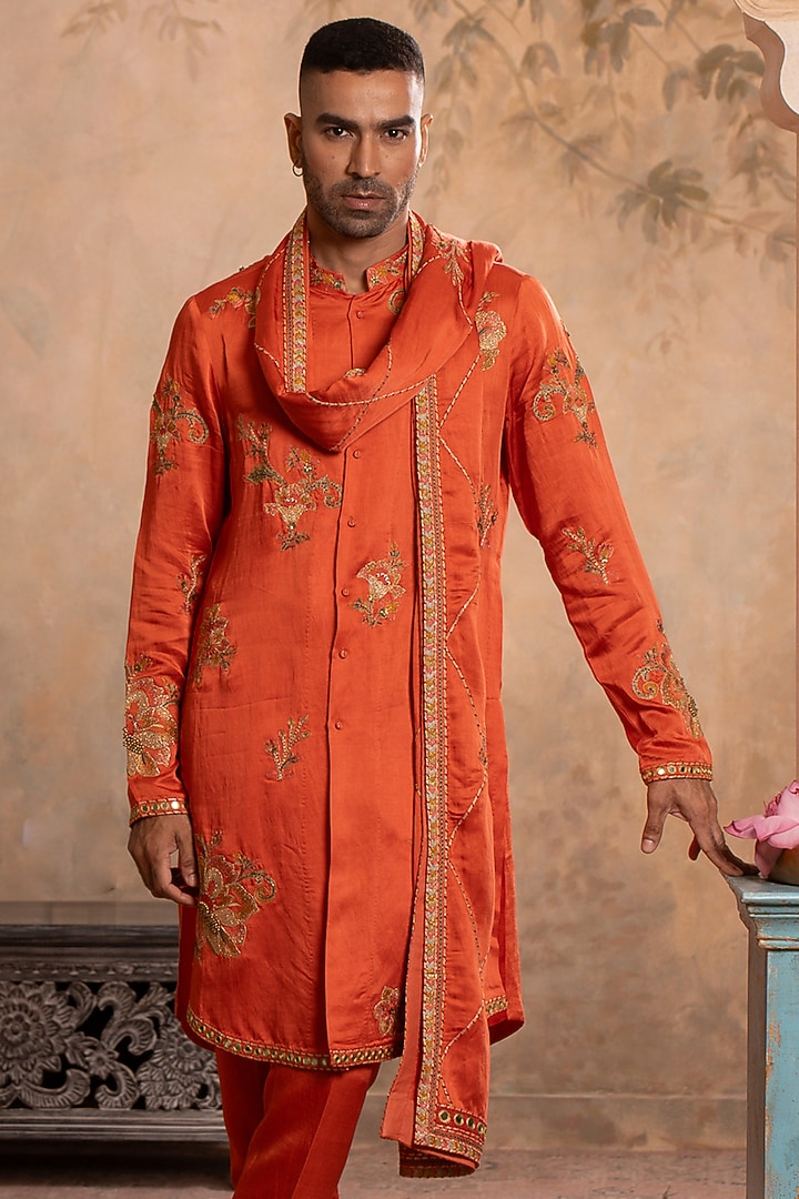 Peach Orange Linen Satin Dori Embroidered Kurta Set by Studio Bagechaa Men at Pernia's Pop Up Shop