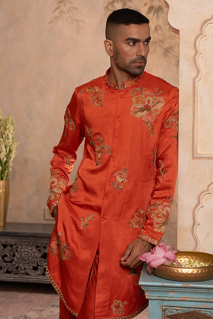 Peach Orange Linen Satin Dori Embroidered Kurta Set by Studio Bagechaa Men at Pernia's Pop Up Shop