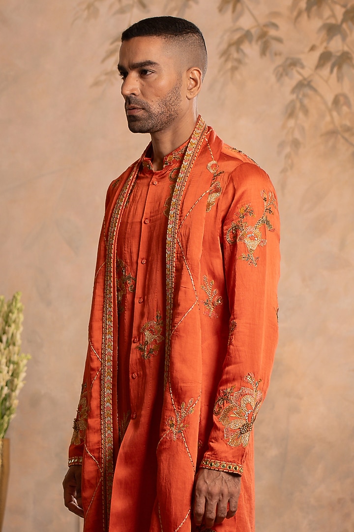 Peach Orange Linen Satin Dori Embroidered Kurta Set by Studio Bagechaa Men at Pernia's Pop Up Shop