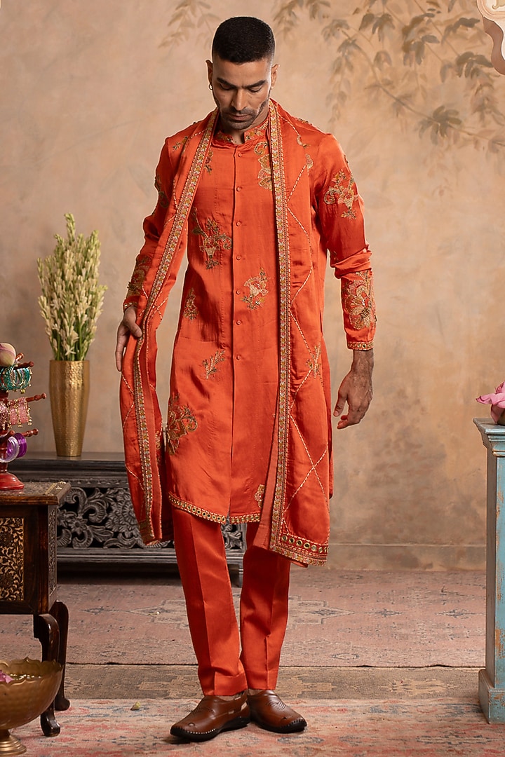 Peach Orange Linen Satin Dori Embroidered Kurta Set by Studio Bagechaa Men at Pernia's Pop Up Shop