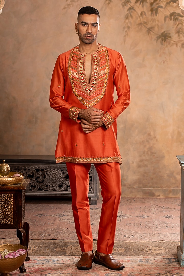 Peach Orange Chanderi Dori Embroidered Kurta Set by Studio Bagechaa Men at Pernia's Pop Up Shop